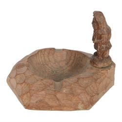 Gnomeman - tooled oak ashtray, hexagonal form with carved standing gnome signature, by Thomas Whittaker of Littlebeck, W12cm