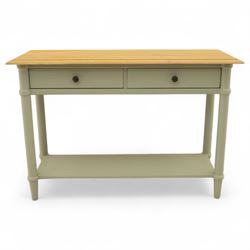 John Lewis - contemporary painted console table, rectangular oak top over single frieze drawer with turned knob handles, raised on four turned supports with lower platform shelf