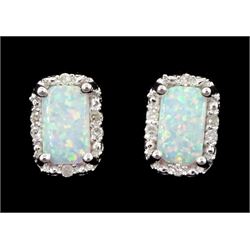 Pair of 9ct white gold opal and diamond stud earrings, stamped 375