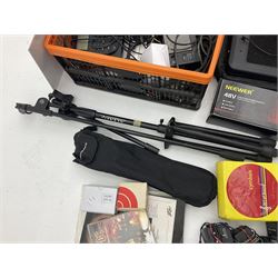 Alesis SR-16 drum machine, Neewer 48V phantom power supply, microphone stand, Genexxa microphone, quantity of jack to jack cables and other similar items