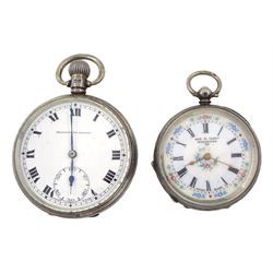 Silver keyless Swiss lever Bravingtons Renown pocket watch movement by Record, case by Dennison, Birmingham 1925 and an early 20th century silver ladies cylinder pocket watch by Kay & Company
