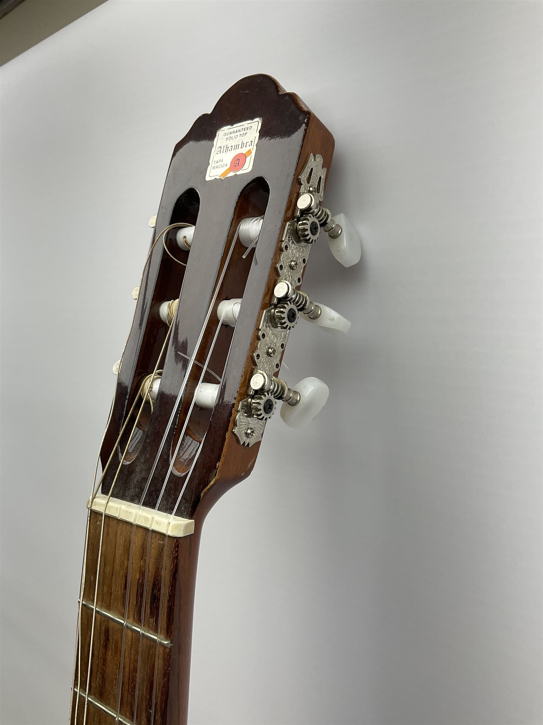 Alhambra Muro De Alcoy Spanish acoustic guitar No.47045807 with mahogany back and sides and spruce top L101cm, in carrying case with Seiko metronome and Chromatic Tuner