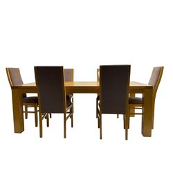 Large pippy oak rectangular dining table, square block leg, and six high back upholstered chairs, retailed by Chapmans of Newcastle