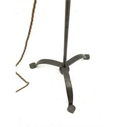 Cast and wrought metal standard lamp, single adjustable branch with a vellum shade, plain rod column with finial on tripod base