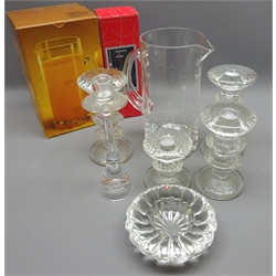  Iittala glass 'Gaissa' water jug, boxed, four Festivo' type candlesticks, 'Aurora' candlestick, boxed & small dish (7)  