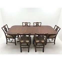 Wade Georgian style mahogany twin pedestal extending dining table, turned supports on shaped brass capped feet (W214cm, H80cm, D100cm) and set six (4+2) Chippendale style chairs, upholstered seat, square supports (W55cm)