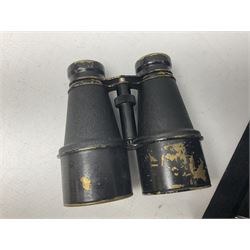 Horn handled magnifying glass and letter opener cased set, replica Scrimshaw in the form of a tusk titled The Ship Charles W Morgan New Bedford and pair of binoculars