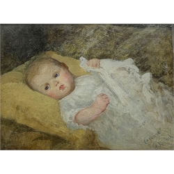 E L Kinloch (American 1860-1923): 'Caroline' - Portrait of a Baby, oil on board signed and titled 29cm x 39cm