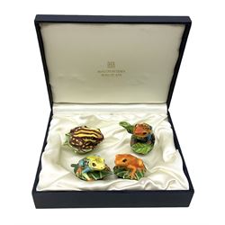 Four Halcyon Days bonbonnieres modelled as frogs, Golden Toad, Red-eyed frog, Dart-poison frog, and Poison Dart frog, in single box 