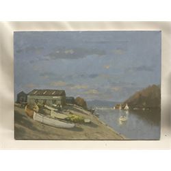 William Burns (Northern British 1923-2010): 'An East Coast Boatyard', oil on canvas unsigned, titled verso 46cm x 62cm (unframed) Provenance: Direct from the family of the artist. 
Notes: Born in Sheffield in 1923, William Burns RIBA FSAI FRSA studied at the Sheffield College of Art before the outbreak of the Second World War, during which he helped illustrate the official War Diaries for the North Africa Campaign, and was elected a member of the Armed Forces Art Society. On his return, he studied architecture at Sheffield University and later ran his own successful practice, being a member of the Royal Institute of British Architects. However, painting had always been his self-confessed 'first love', and in the 1970s he gave up architecture to become a full-time artist, having his first one-man exhibition in 1979.