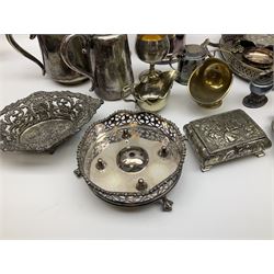Silver purse of oblong form with foliate engraved decoration and suspension chain, hallmarked Birmingham 1916, maker's mark worn and indistinct, and a silver mounted capstan inkwell, lacking cover, together with a selection of metalware largely comprising silver plate, to include silver plated seven bar toast rack, silver plated Walker & Hall salver, novelty box modelled as a grand piano, wine cooler, etc.