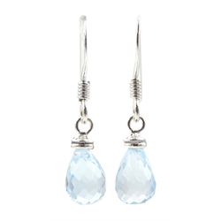 Pair of silver briolette cut blue topaz pendant earrings, stamped 925