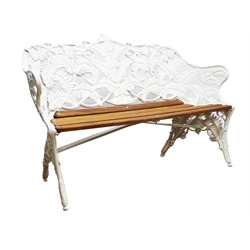  Coalbrookdale style cast metal fern pattern bench, hardwood slatted seat, white painted finish, W148cm  