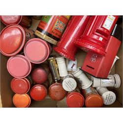 Collection of Post Box money boxes comprising ceramic, tin plate and plastic models, to include Crested Ware money boxes bearing motto ‘I Can’t Get a Letter From You So Send You The Box’ etc in three boxes