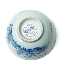 18th century Nanking cargo 'Flying geese' pattern bowl, with Christies lot sticker, D11.5cm; together with a tea bowl and saucer, probably from the Cau Mau shipwreck, in the 'Passing boats' pattern, and a dish from the Tek Sing shipwreck (4)