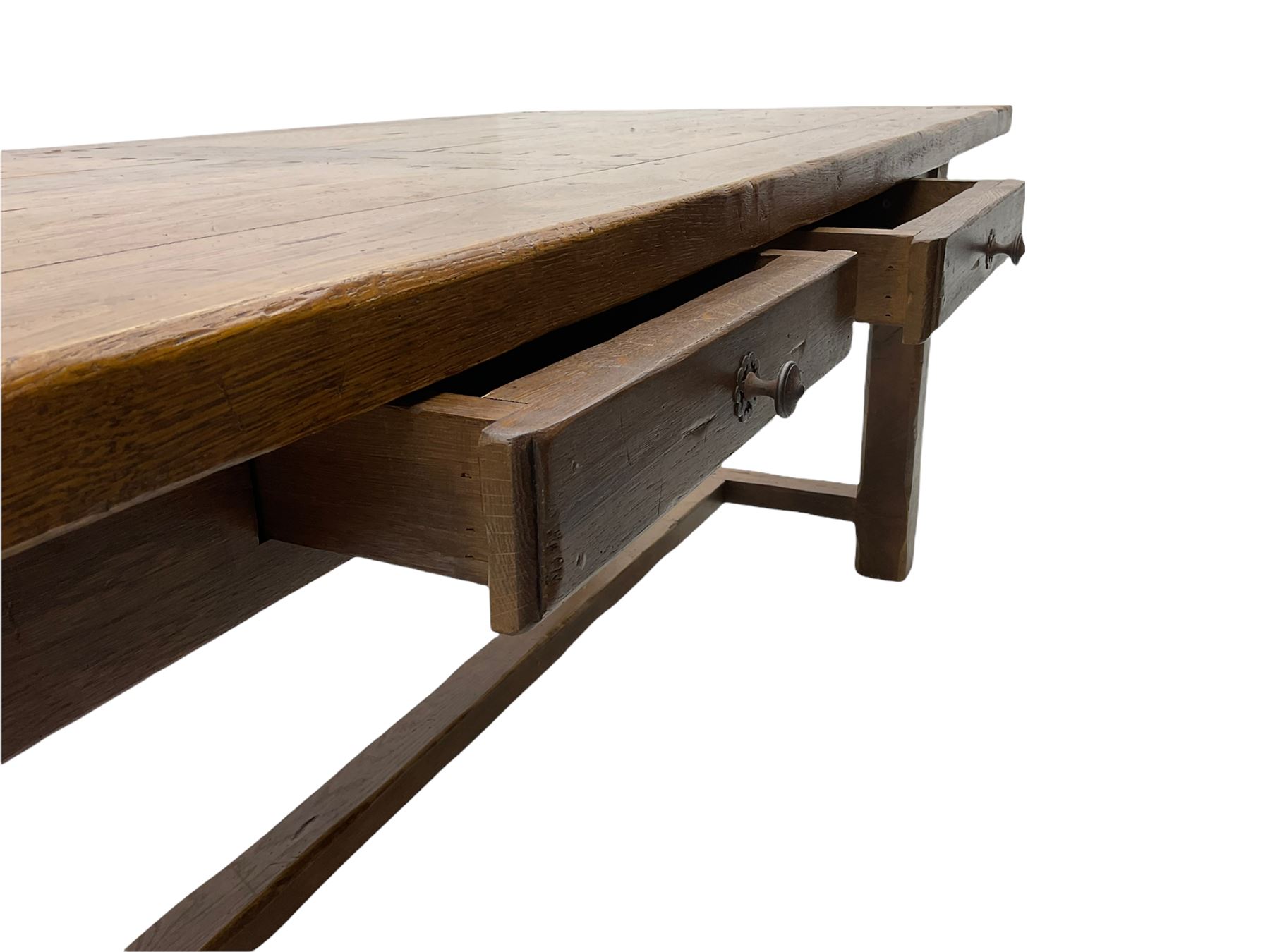 Antix French oak dining table with two leaves, two frieze drawers;, and six ladder back chairs with rush seats