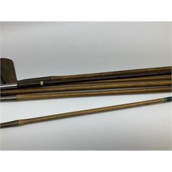 Golf - three early 20th century hickory shafted irons marked R. Simpson, Harrods Ltd etc; child's wooden shafted putter; two transitional wood grain steel shafted irons, one marked Tom Morris; and set of four Macgregor Tommy Armour woods (10)