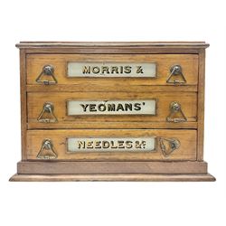 Victorian oak three drawer tabletop haberdashery chest advertising Morris Yeomans' Needles and Co, H27cm, L36cm