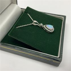 Silver pear shaped opal and cubic zirconia pendant necklace, boxed