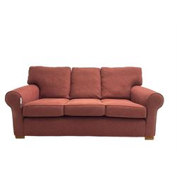 Multiyork - traditional three seat sofa upholstered in claret red fabric (W200cm H80cm); and pair matching armchairs (W103cm) 