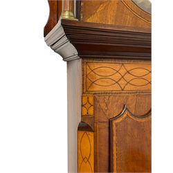 John Stonehouse of Leeds - mahogany 8-day longcase clock with a painted oval dial c1830, hood with a swans necked pediment and profuse contrasting inlay to both the hood and case, oval hood door with flanking pilasters and Corinthian capitals, conforming case with canted corners and short triple spire door, broad plinth with matching inlay and canted corners on shallow base, dial depicting masonic regalia, symbols, and pictorial depictions of the humanities, faith, hope, charity and righteousness, black chapter with white roman Arabic’s, date recorder and matching “crown” hands, dial pinned to a rack striking movement with a recoil anchor escapement, striking the hours on a coiled underslung gong. With weights and gridiron pendulum. 
This clock case is of large, impressive dimensions and was almost certainly commissioned for a large masonic lodge in Leeds, a rare and unique example.