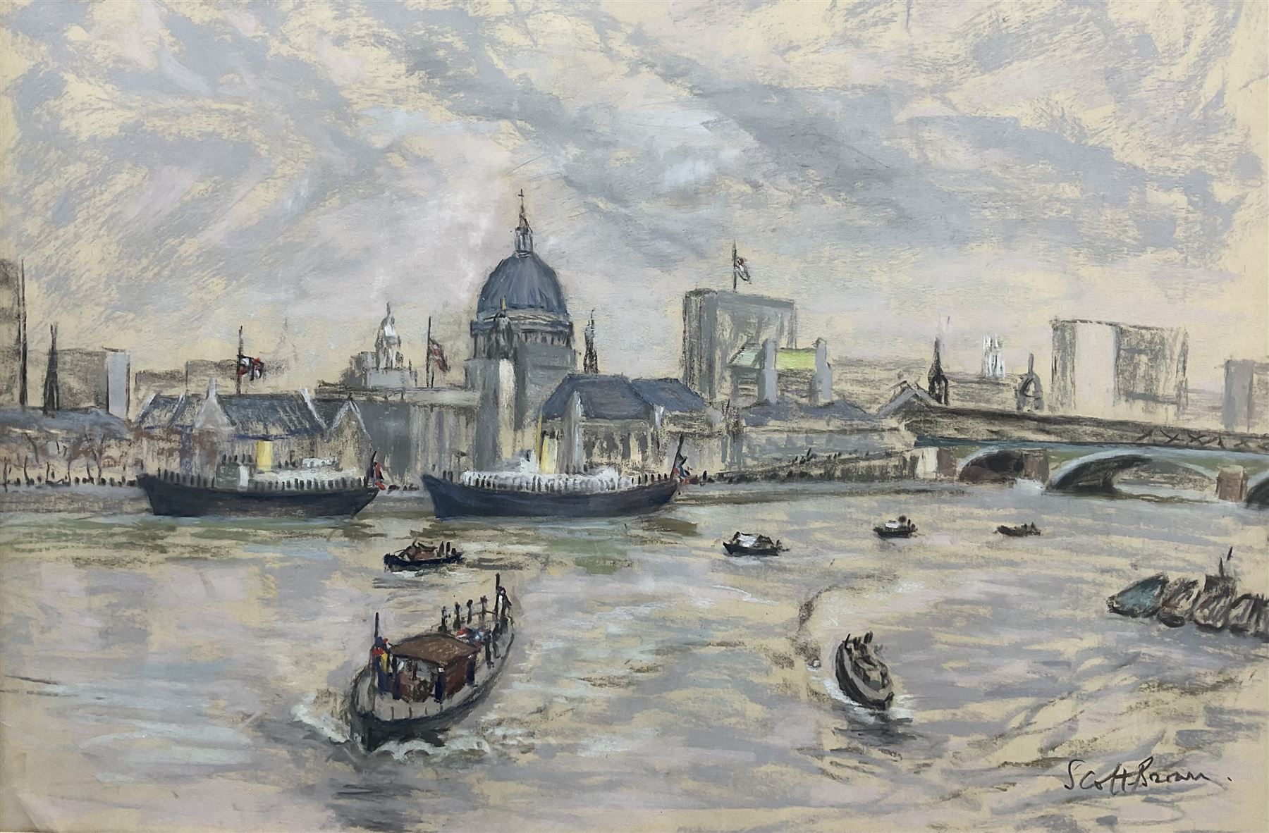 Walter Graham Scott-Brown (British 1887-1987): View Across the Thames, pastel signed in pencil 36cm x 54cm