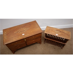  Eastern brass inlaid hardwood chest with hinged lid and four short drawers on bracket feet, W76cm, H48cm, D40cm, and a similar magazine rack, W51cm, H44cm (2)  