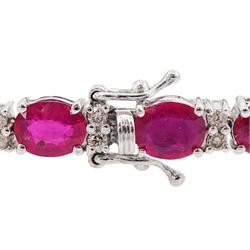 18ct white gold oval ruby and round brilliant cut diamond bracelet, stamped, total ruby weight approx 9.65 carat