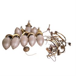 Set of eight French Art Deco Blondel Holophane pendant lights, the glass acorn shades, wit...
