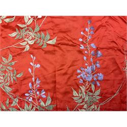 Chinese silk throw, embroidered with wading cranes amongst flowers, branches and leaves upon a red ground, with plaited border and tassel to each corner, L226cm , W176cm