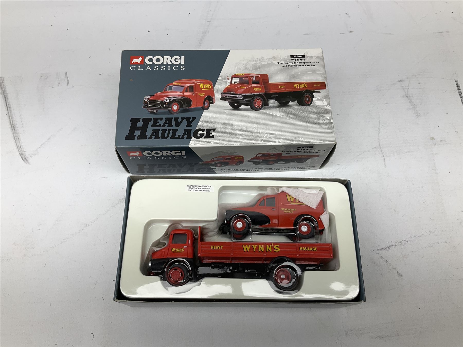 Corgi Heavy Haulage - five die-cast models comprising 31007 Annis & Co Diamond T Ballast with Girder Trailer and Locomotive Load; Hallett Silbermann Scammell Highwayman Ballast and Low Loader; CC12302 Scammell Contractor Sunters; 31006 Wynn's Thames Trader Dropside Truck and Morris 1000 Van Set; and 17501 Siddle Cook Scammell Constructor; all boxed (5)
