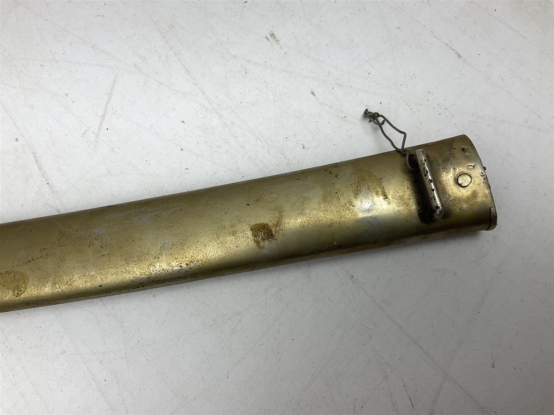 French Model 1866 sabre bayonet with 57cm fullered steel curving blade; in steel scabbard L71cm overall; another Model 1866 sabre bayonet lacking scabbard; and British Pattern 1856 sword bayonet (no scabbard) (3)