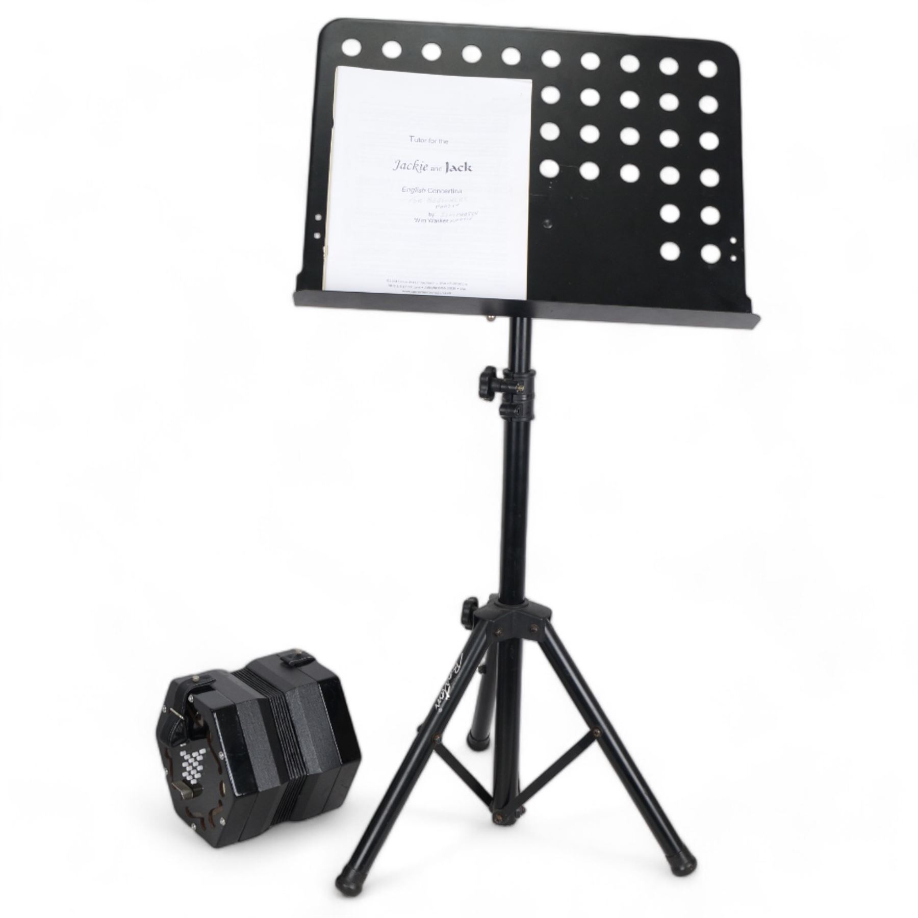 Jackie concertina, with six fold bellows and 33 buttons in a fabric case.  With an adjustable Boston music stand and tutorial.