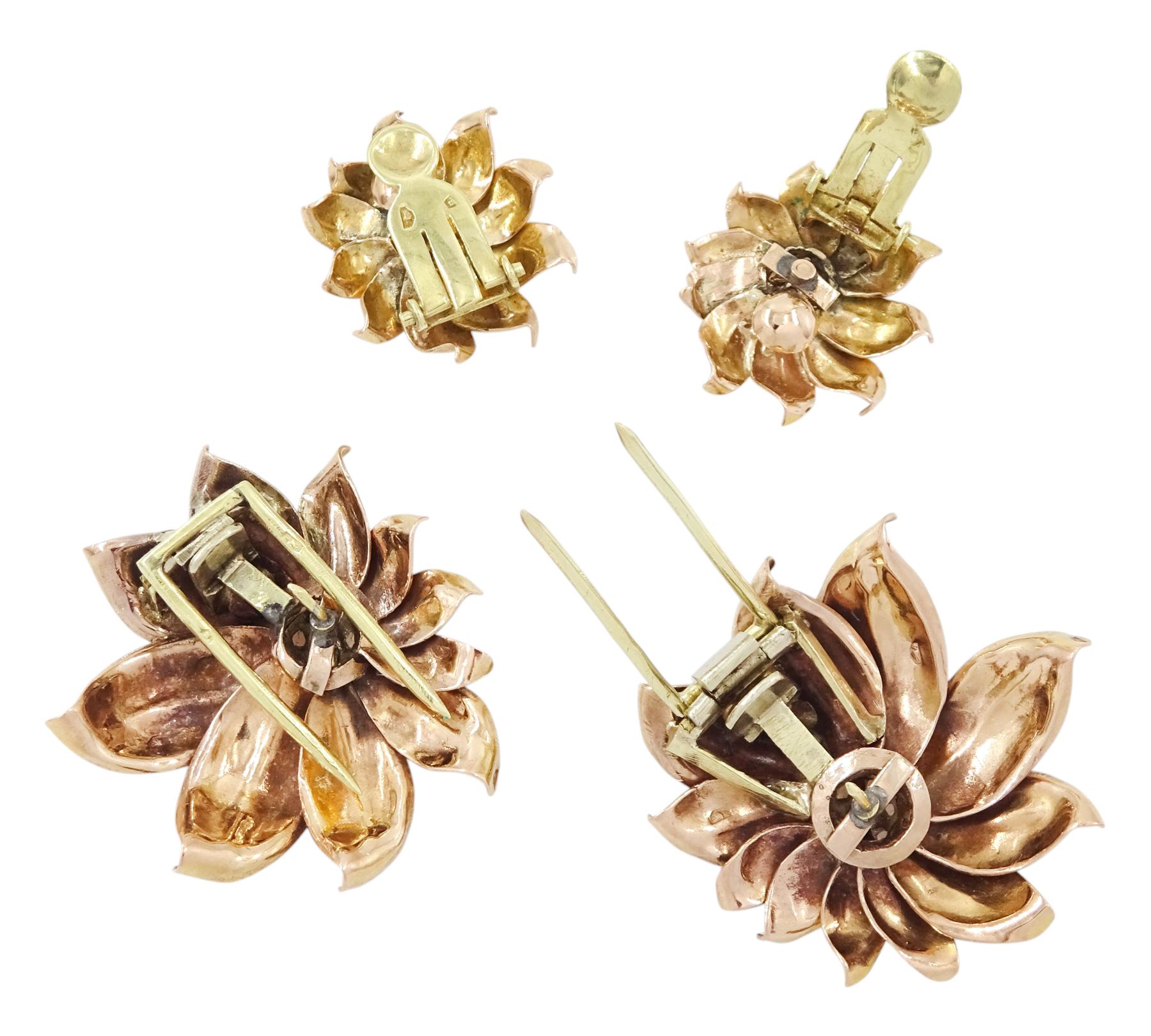 Pair of Hungarian rose gold diamond flower head hair clips, each set with a cluster of seven rose cut diamonds, with a pair of matching clip-on earrings, hallmarked