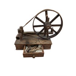 19th century table top spinning wheel, with drawer containing small selection of lace bobbins, H33cm
