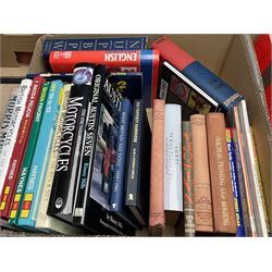 Large collection of motoring and similar reference books, to include Haynes manuals, British Motoring manuals, classic sports car books, Encyclopaedia of Motorcycles, Formula One books etc, in fourteen boxes 