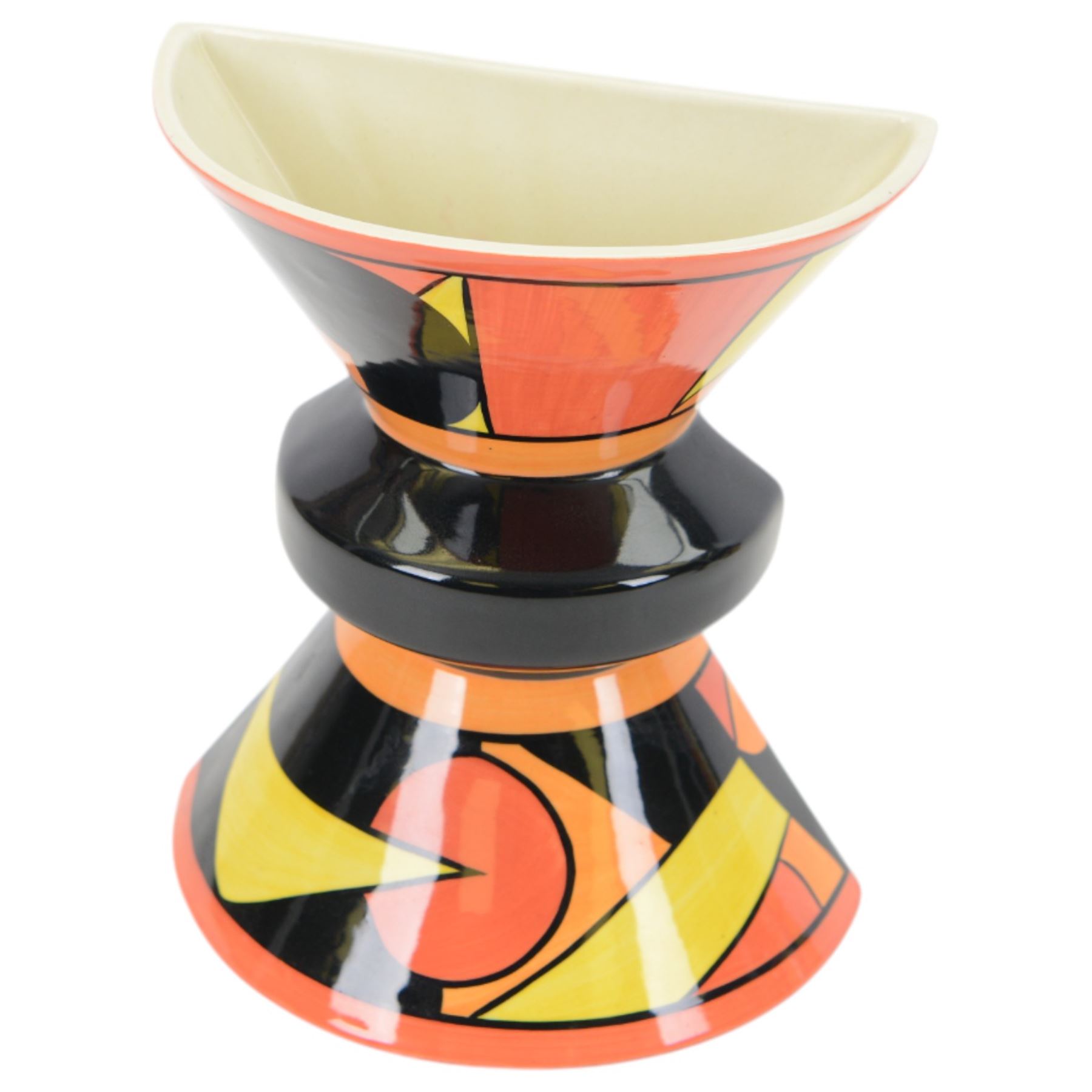 Lorna Bailey ceramics, including Oldcourt Ware jug, Bauhaus pattern wall pocket, cat figure and egg cup, all decorated in black, red, yellow and orange abstract patterns, wall pocket H18cm