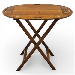 Mid 19th century mahogany butler's tray and stand, the rectangular tray with curved folding handles, opening flat, supported upon an X frame stand  