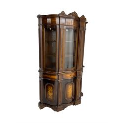 Marquetry display cabinet, serpentine form, three glazed doors over drawer and three cupboards, inlaid with floral blooms, on bracket feet