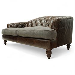 Tetrad - Harris Tweed and leather upholstered Chesterfield sofa, curved back and arms  with deep buttoned brown leather upholstery above loose herringbone tweed seat cushions with brown leather piping, raised on turned wooden feet 