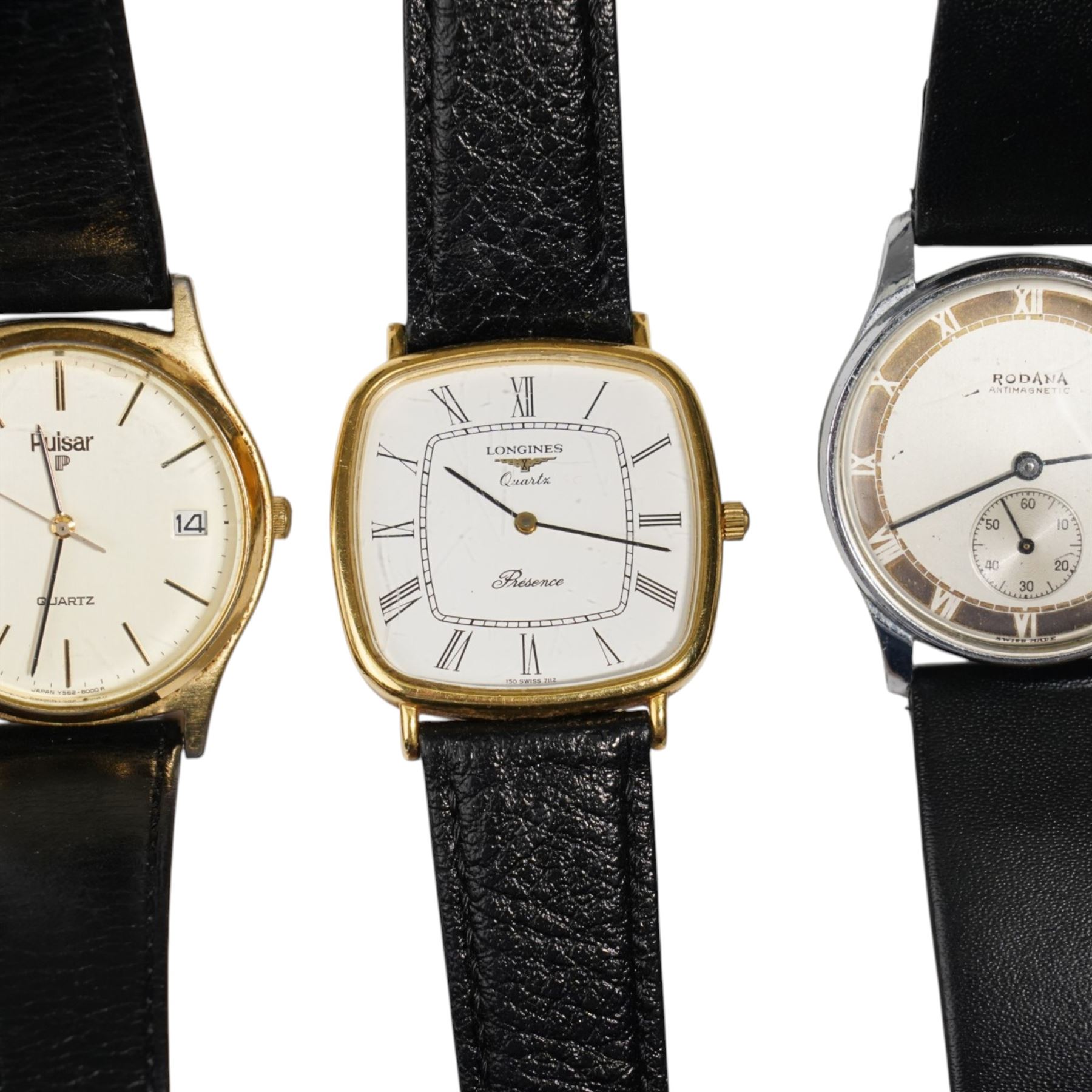 Five wristwatches including Longines 'Presence' quartz, Pulsar quartz, Citizen Chronograph Alarm, Rodana and Tissot (5)