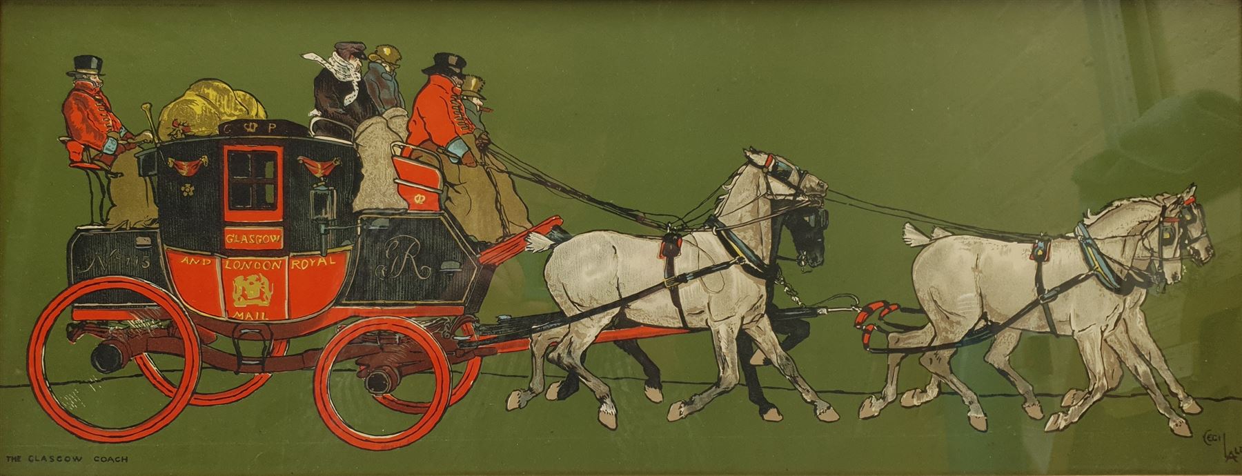 After Cecil Aldin (British 1870-1935), 'Sam Weller Meets his Mother in Law', chromolithograph from the 'Pictures from Pickwick' series pub. Lawrence and Jellicoe 30cm x 40cm; 'The Glasgow Coach', chromolithograph pub. Lawrence and Jellicoe c.1907, 27cm x 70cm (2)