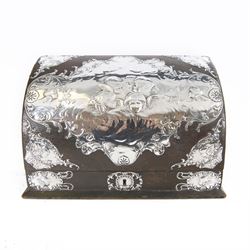 Edwardian silver mounted stationery box and silver mounted blotter, the box of rectangular form with curved front with applied repousse silver panels of putti within a scrolling foliate edge, the hinged cover opening to reveal an emerald green silk lined interior, the blotter with conforming silver mounted panels, each hallmarked William Comyns & Sons, London 1901, box H20cm W31cm D14cm, blotter H32cm W26.5cm