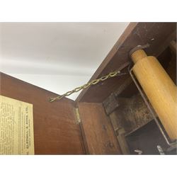 Wooden Gledhill till with paper labels to interior and a set of Salter scales with weights, till H17cm