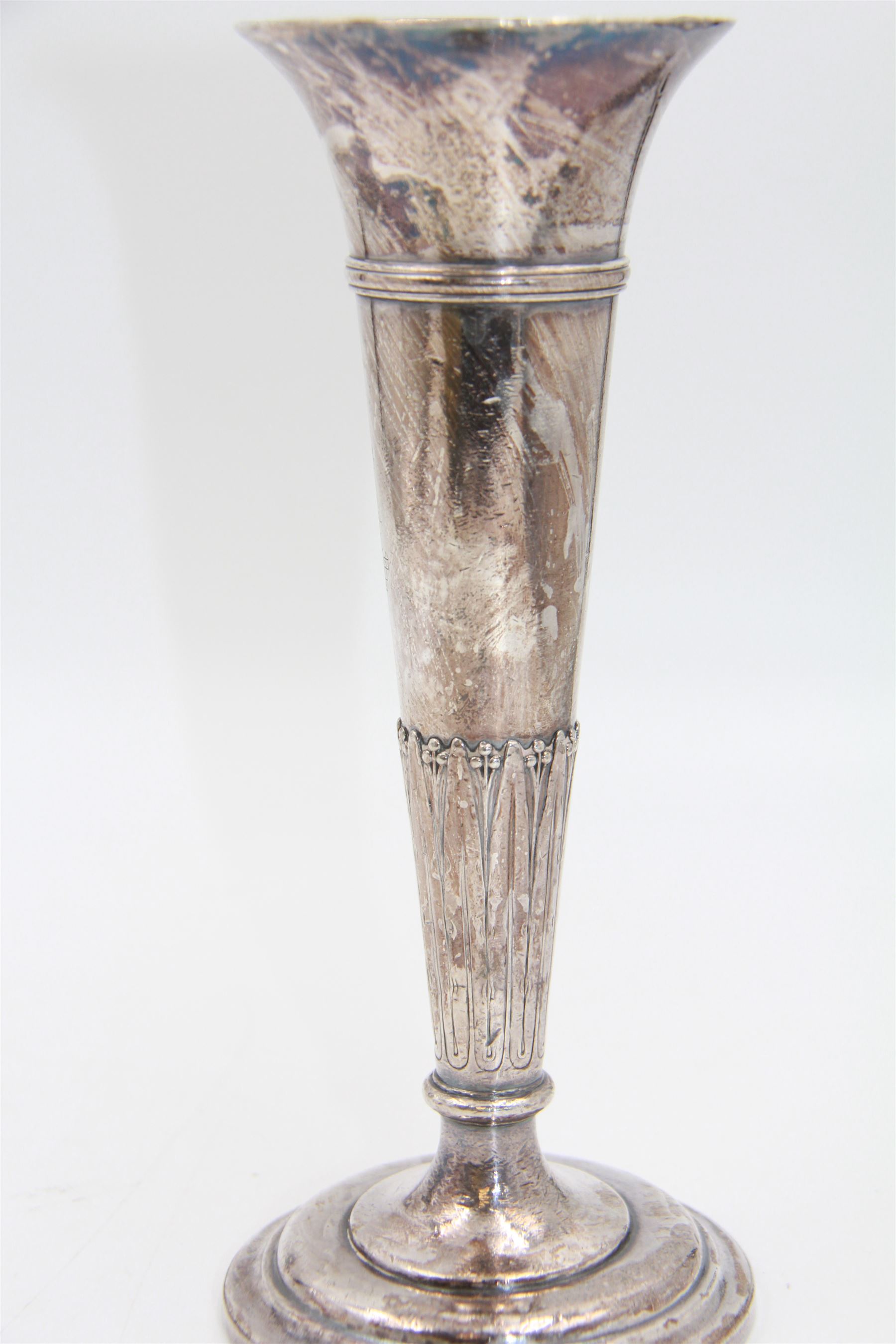 Elkington & Co silver plated trumpet vase, from the Cunard Steamship, tapering stam with foliate decoration, upon a circular stepped foot, H19cm