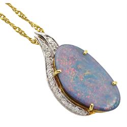 18ct gold opal doublet and milgrain set diamond pendant, stamped 750, on 9ct gold necklace, hallmarked 