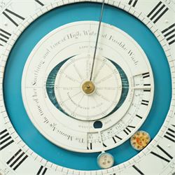 Thomas Emberson of Long Sutton (Lincolnshire) - Early 19th century longcase clock c1810 with a 30hr movement and an exceptionally rare 24-hour painted dial, housed in an ebonised Pine case with a flat pediment and break arch hood door, glazed side panels and turned pilasters with brass Corinthian capitals, trunk with a long door and conforming break arched top raised on a stepped plinth, fully painted dial with painted spandrels representing the four seasons and an operating automata depiction of ships at sea, rising and falling with the time of high and low water to the arch, with a 24-hour chapter with Roman numerals, five minute Arabic's, minute and inner quarter hour tracks, steel radial minute hand and image of the sun recording the hours, secondary inner dial illustrating the phases of the moon and lunar calendar recording the date and times of high and low water at Fosdike Wash (Lincolnshire), with an adjustable circular disc to the centre giving the times of high water at seven other locations including the Northern Pacific Ocean, dial attached to a countwheel striking chain driven movement, sounding the hours on a bell. With weight and pendulum.
Thomas Emberson is recorded not as a clockmaker but a machine maker from Long Sutton. This clock is also thought to have originally contained a musical movement, now removed, and was clearly an individual project possibly based on an earlier clock by John Ferguson illustrated in 