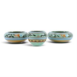 Hartrox Stoneware comprising three jugs, two vases and three bowls, all with green, blue and yellow floral decoration, with printed marks beneath, tallest H20cm