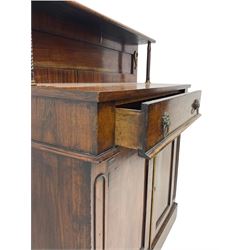 Regency period rosewood chiffonier, raised back with rope twist pilasters, fitted with single drawer and two cupboards