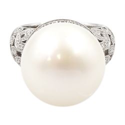 18ct white gold South Sea pearl ring, with diamond set gallery and shoulders 
